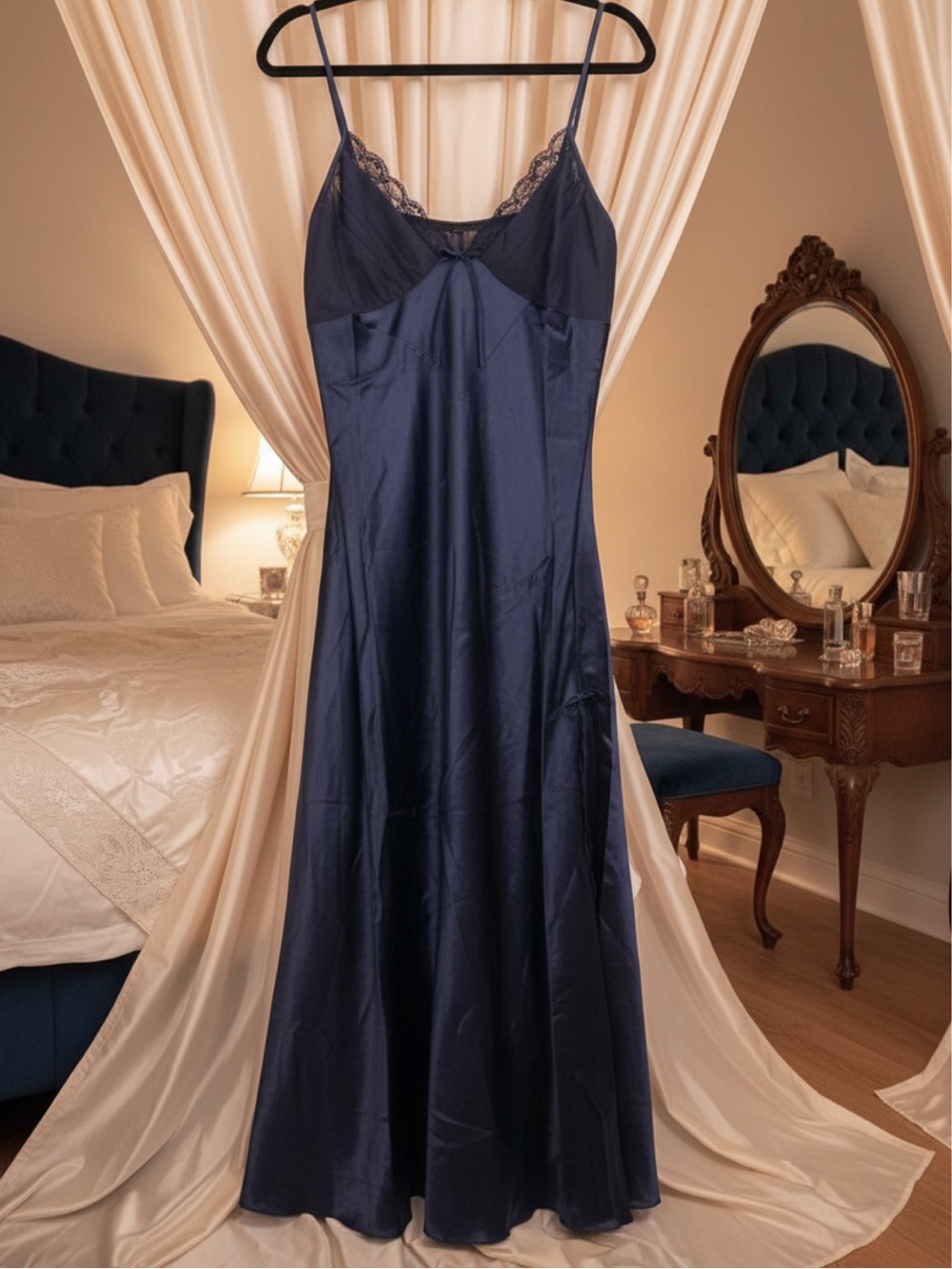 Silky Gown/Chemise in Navy with Side Slit • NWT • 21" p2p, 51" length, 19" slit